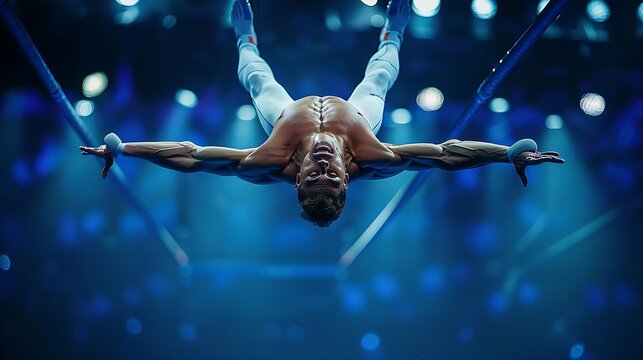 Male gymnast performing upside-down handston parallel bars in arena