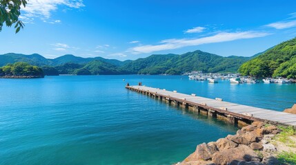 Obraz premium An old wooden pier stretching into the sea at a quiet port.