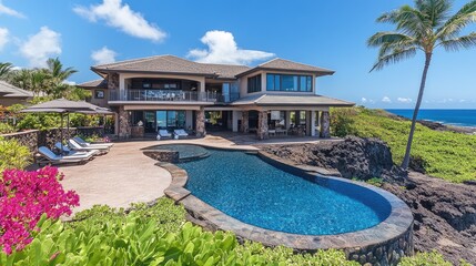 Fototapeta premium Architect-designed beachfront villa with a seamless blend of indoor and outdoor spaces.
