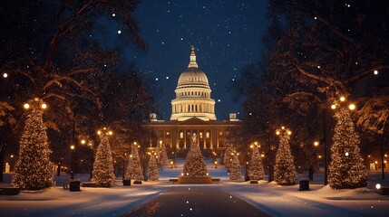 Obraz premium Snowy evening at the state capitol with festive lights and winter charm