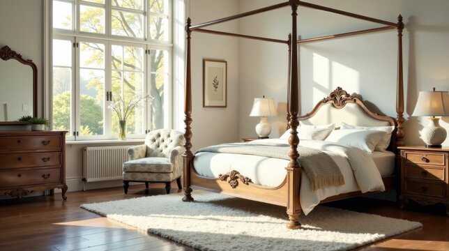 Elegant four-poster bed in a sunlit bedroom with wooden furniture