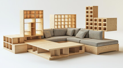 A Modern modular furniture system in light wood for adaptable living room