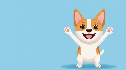 Cute cartoon dog with happy expression and raised paws on blue background, World spay day concept