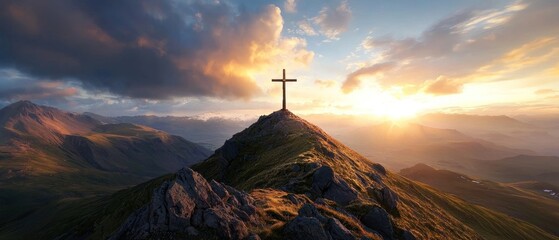 Sunset cross atop mountain peak; faith, hope, sunrise background