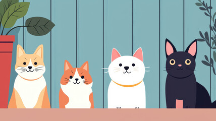 Cute cats and dog sitting together in cozy shelter environment, World spay day concept