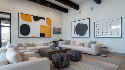 Modern living space with artistic decor and minimalist design elements