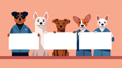 Diverse group of cartoon dogs holding blank signs, promoting awareness, World spay day concept