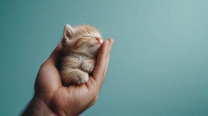 small orange kitten peacefully sleeping in person hand, World spay day concept