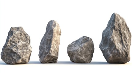 Four Gray Rocks Isolated on White Background