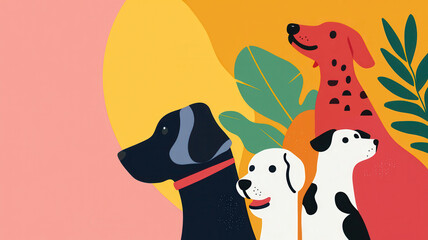 Happy pets in colorful design with vibrant plants and cheerful expressions, World spay day concept