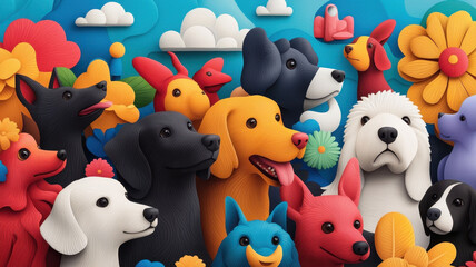 Colorful dogs surrounded by flowers and clouds in joyful scene, World spay day concept