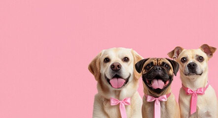 Happy pet family portrait with dogs wearing pink ribbons and smiles, World spay day concept