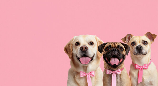 Happy pet family portrait with dogs wearing pink ribbons and smiles, World spay day concept - Powered by Adobe