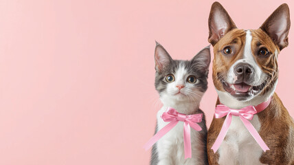 Cute dog and cat with pink bows, sitting together against pastel background, World spay day concept