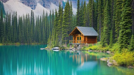 Fototapeta premium A fishing hut overlooking a misty lake surrounded by tall pine trees.