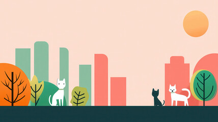Stylized image of cats in colorful urban landscape with trees and sun, World spay day concept