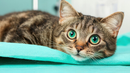 Caring tabby cat with bright green eyes resting on soft surface, World spay day concept