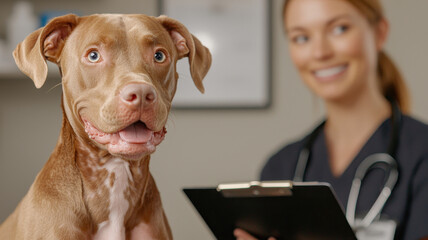 Veterinarian smiling at dog while holding clipboard in clinic, World spay day concept