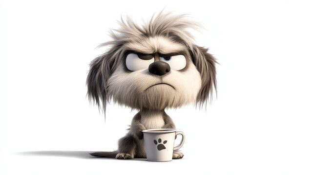 cute grumpy dog with a cup of coffee/tea, isolated on a white background,
