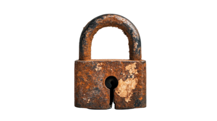 Vintage rusty padlock with a strong historical character. transparent background