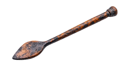 Vintage spoon with intricate patterns and polished wooden handle. transparent background