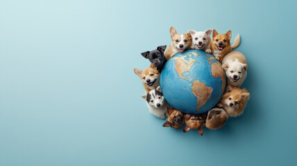 Happy dogs surrounding globe, symbolizing unity and joy, World spay day concept