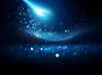 Fototapeta premium A mesmerizing abstract image showcasing a vibrant blue light streak across a dark, glittering background. The light creates a wave-like effect, with bokeh and sparkles adding depth and luminosity.