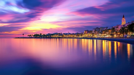 A peaceful seaside port at twilight with lights reflecting on water.
