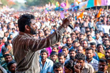Amidst the hustle and bustle of a political rally, an Indian man commands authority as a leader, his charismatic presence and compelling rhetoric inspiring confidence
