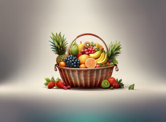 A rustic basket overflowing with a vibrant assortment of fresh, ripe fruits.  The scene is subtly lit, highlighting the colorful bounty.