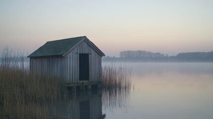 A rustic wooden fishing hut by the edge of a calm lake during sunrise.