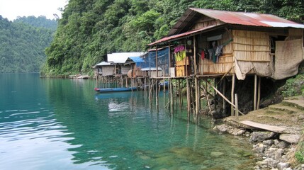 Fototapeta premium A small fishing hut perched on stilts over clear, turquoise water.