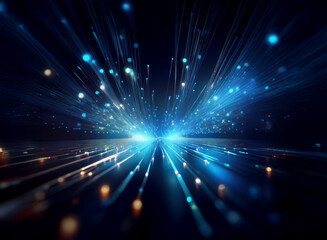 Naklejka premium Abstract image depicting a burst of blue light streaks converging at a central point, resembling a futuristic highway or data stream. Glowing particles and lines create a sense of speed and energy.