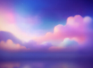 Obraz premium Dreamy pastel sunset over a calm ocean. Soft, blurred clouds in pink, purple, and blue hues reflect on the tranquil water. A peaceful and serene scene.