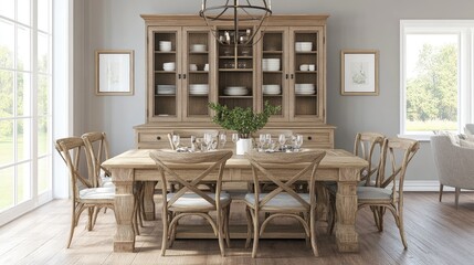 Bright D illustration of a dining room with light wood furniture and natural lighting.