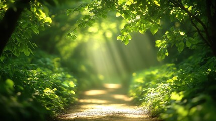 Fototapeta premium Sunbeam illuminating dirt path through dense green forest