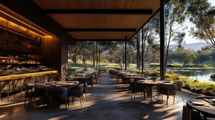 Obraz premium Bright dining room with sleek decor and a serene view of a lake surrounded by trees.