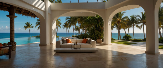 Fototapeta premium A large house with a pool and a patio. The pool is surrounded by a white fence and has a white deck. The house is located near the ocean