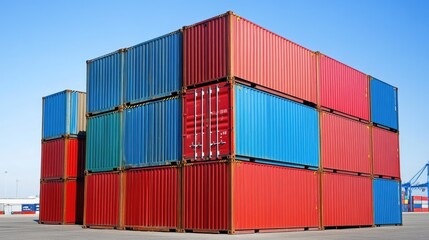 Fototapeta premium Cargo containers stacked neatly at a commercial sea port.