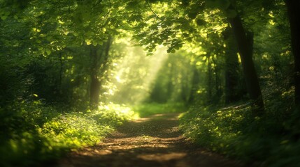 Sunlit walking path through lush green deciduous forest in summer