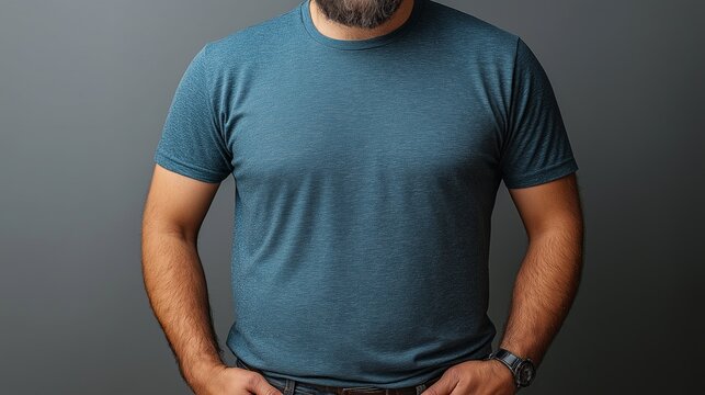 Overweight man in a fitted blue T-shirt posing confidently. Mens Health Week - Powered by Adobe