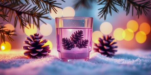 A glass of purple liquid with pine cones floating in it. The pine cones are floating in the liquid, creating a festive and cozy atmosphere