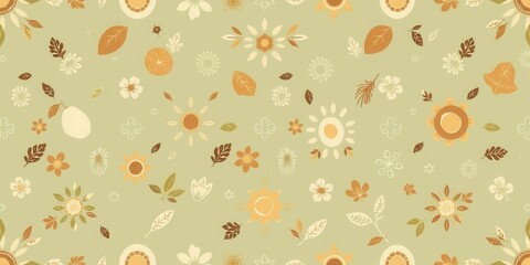 A pattern of flowers and leaves is shown on a green background. The flowers are of various sizes and colors, and the leaves are also of different sizes and colors. Scene is cheerful and vibrant