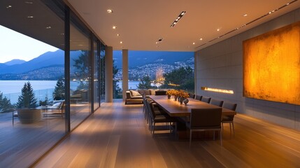 Fototapeta premium Contemporary dining room with warm lighting, sleek furniture, and panoramic lake views.