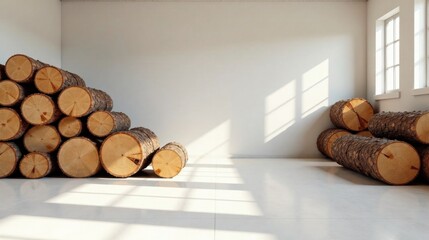 Sunlit Interior with Stacked Wood Logs in a Minimalist Setting