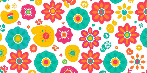 A colorful floral pattern with a bright yellow flower in the middle. The flowers are arranged in a way that creates a sense of movement and energy. Scene is cheerful and uplifting