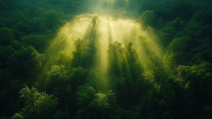 Obraz premium Golden Rays of Sunlight Filtering Through Trees in a Serene Green Forest Tranquil Nature Photography
