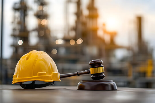 Hard Hat and Gavel Before Refinery Background