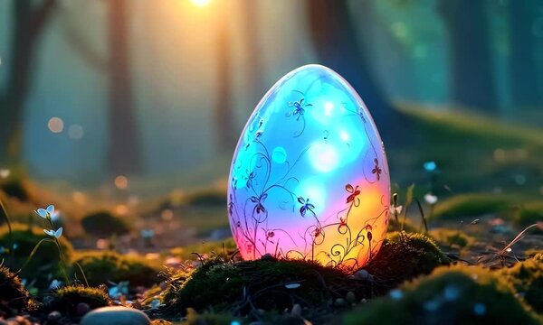 a glowing pink Easter egg placed in a forest. The Easter egg features branch-like patterns etched on its surface, surrounded by small flowers and bathed in soft sunlight, creating a dreamy atmosphere.