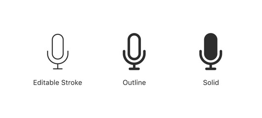 Microphone icon set vector mic icon symbol ; Podcast microphone web icon ; record, audio, sound, voice icons. editable stroke outline style for app user interface and web vector elements